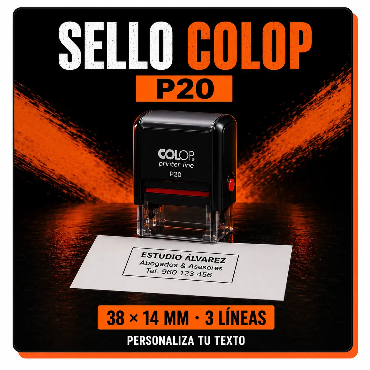 Sello automático COLOP Printer P20 personalizado, 38 x 14 mm y 3 líneas