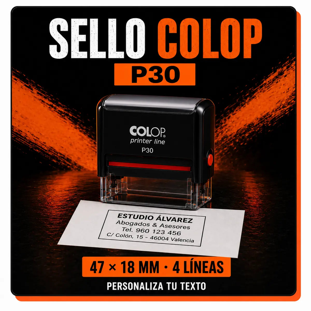 Sello automático COLOP Printer P30 personalizado, 47 x 18 mm y 4 líneas