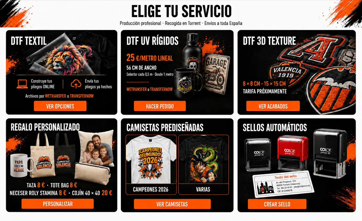 Elige tu servicio: DTF textil, DTF UV, DTF 3D Texture, regalo personalizado, camisetas prediseñadas y sellos COLOP